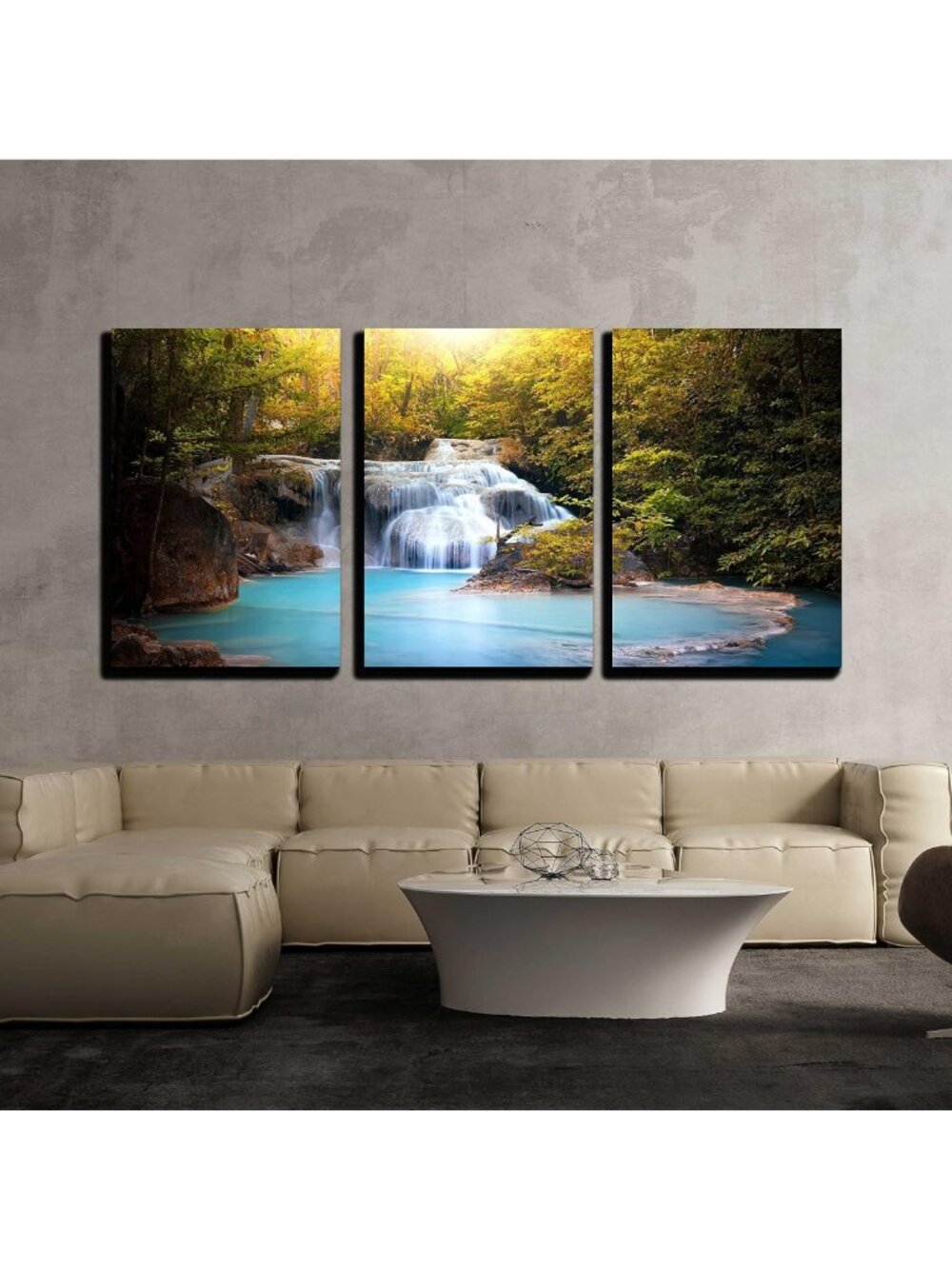 3 Piece Canvas Wall Art Set - Sunlit Tree Leaves & Waterfall - Modern Home Decor